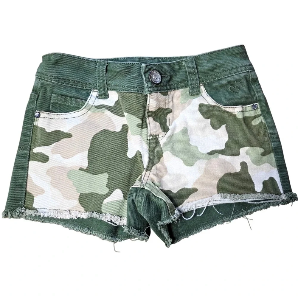 Justice Girls Green Camo Denim Shorts Rhinestone Embellished Raw Hem 7 2013